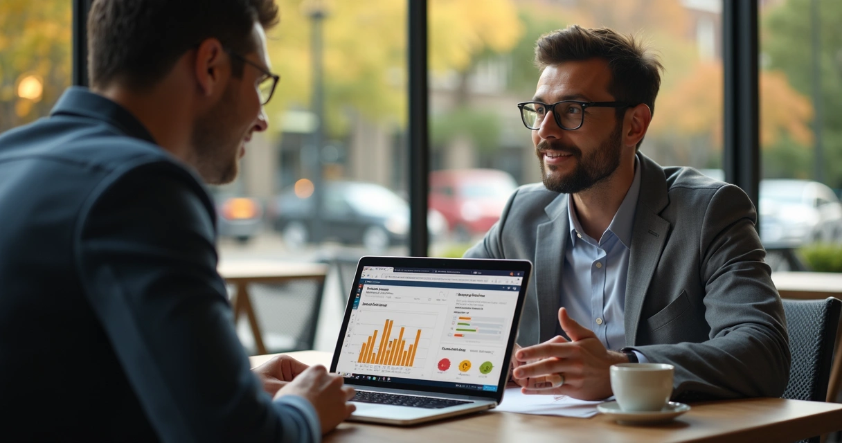 Pessoa reunida com cliente mostrando gráficos em laptop 