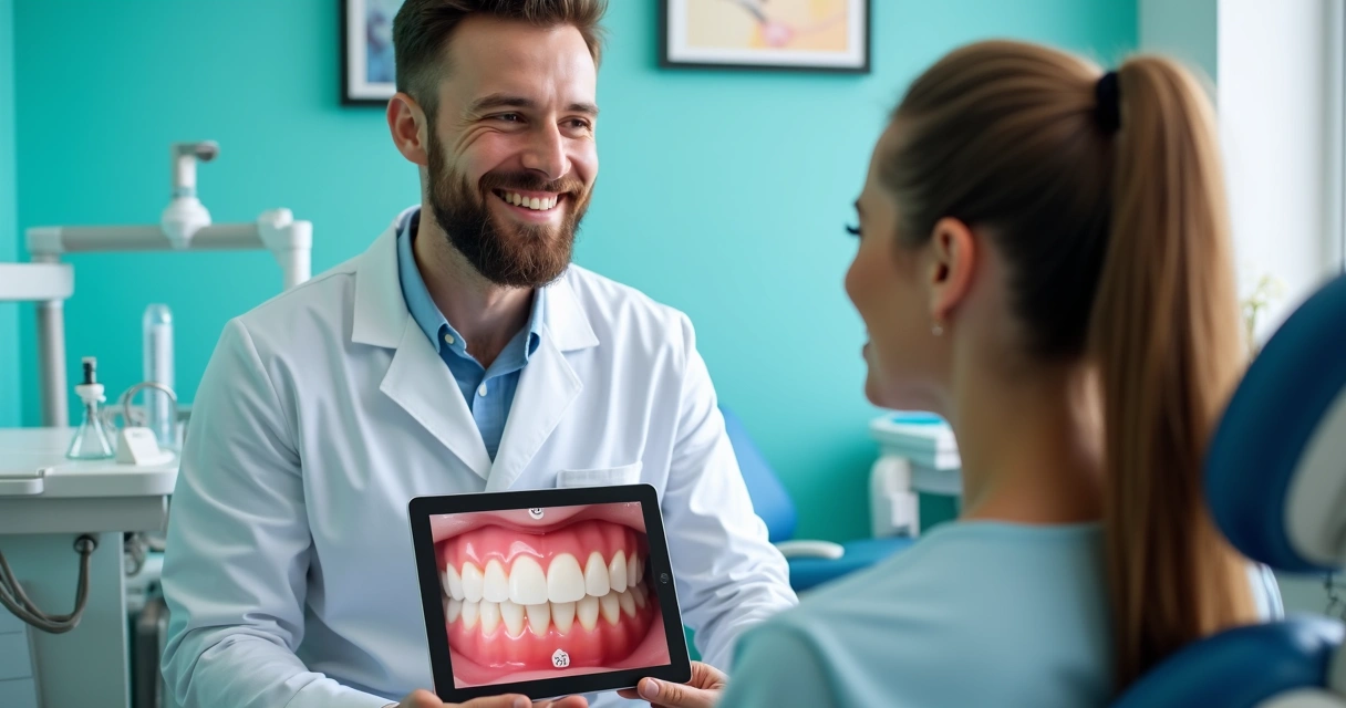 Dentista mostrando evolução do tratamento Invisalign ao paciente