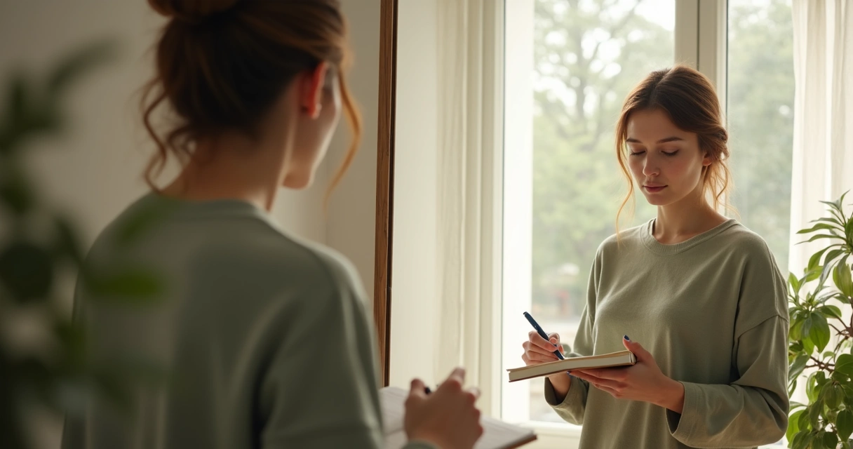 Pessoa observando seu reflexo em um espelho enquanto escreve em um bloco de notas 