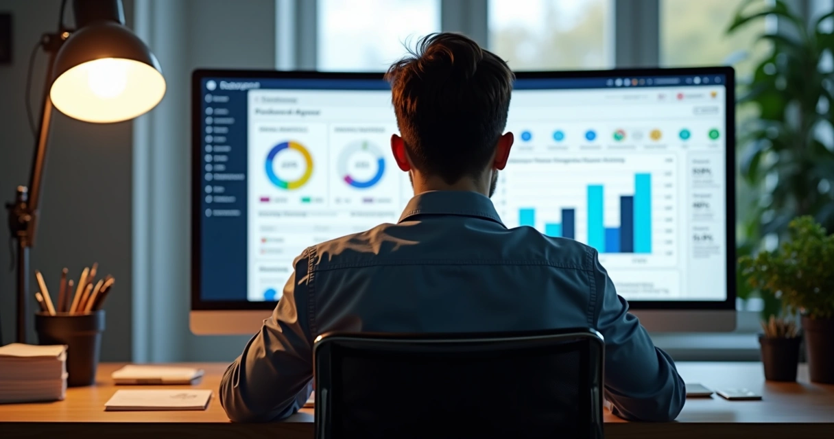 Pessoa olhando tela de computador com painel de acompanhamento de leads 