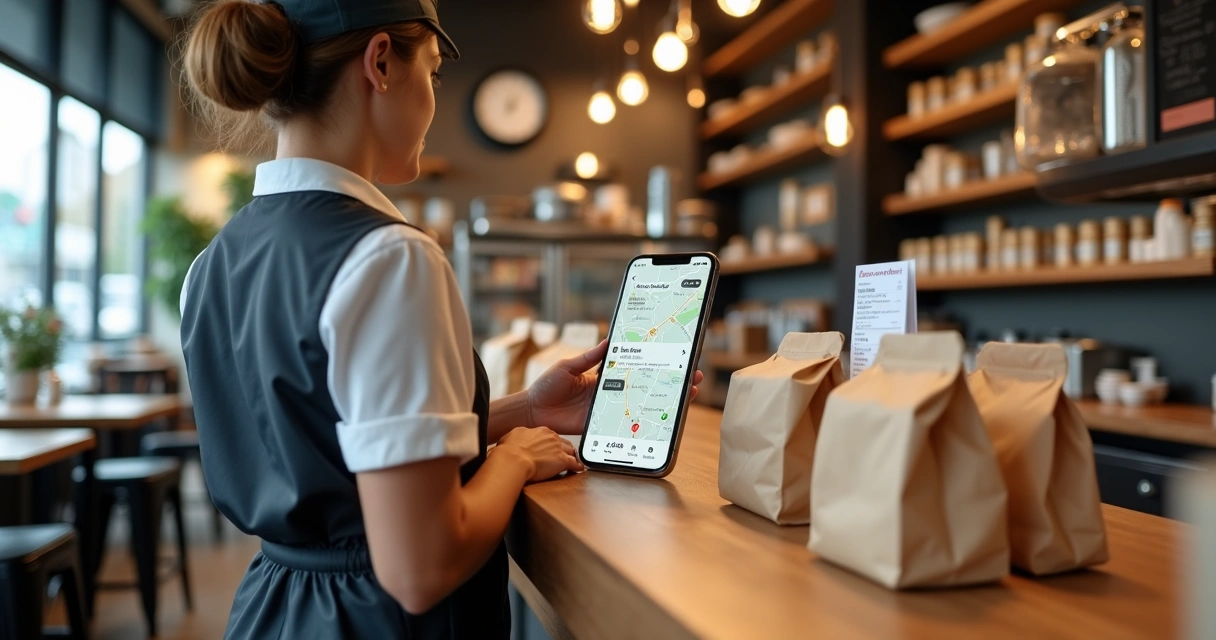 Gerente acompanhando entregas no celular dentro do restaurante