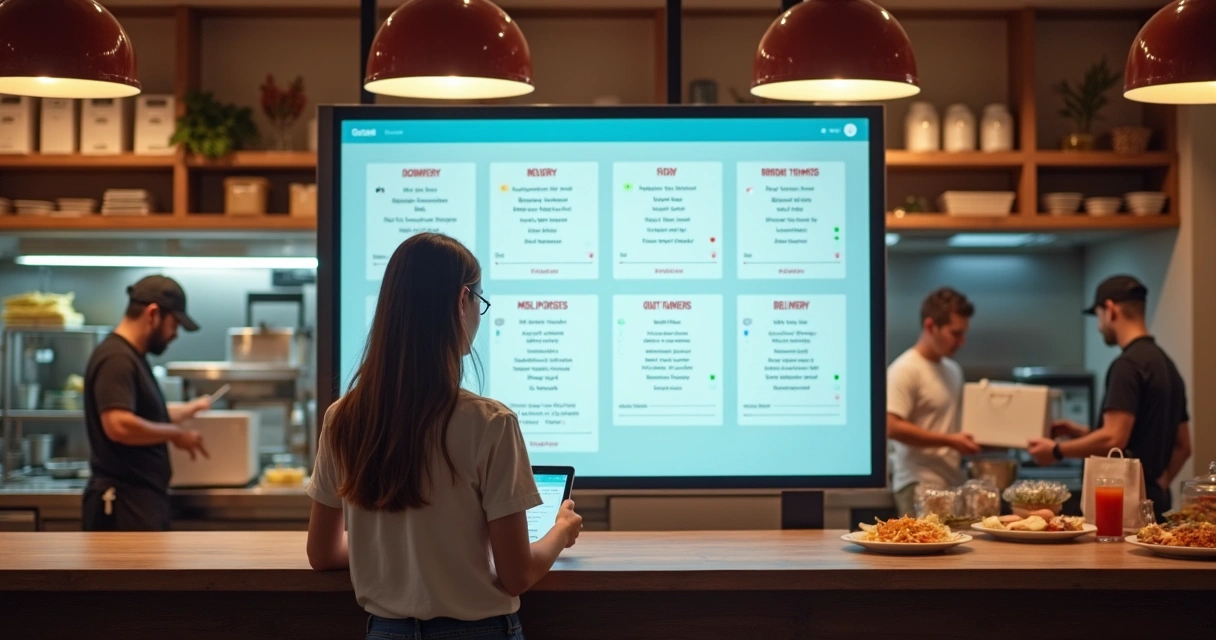 Painel digital mostrando status de entregas em restaurante 