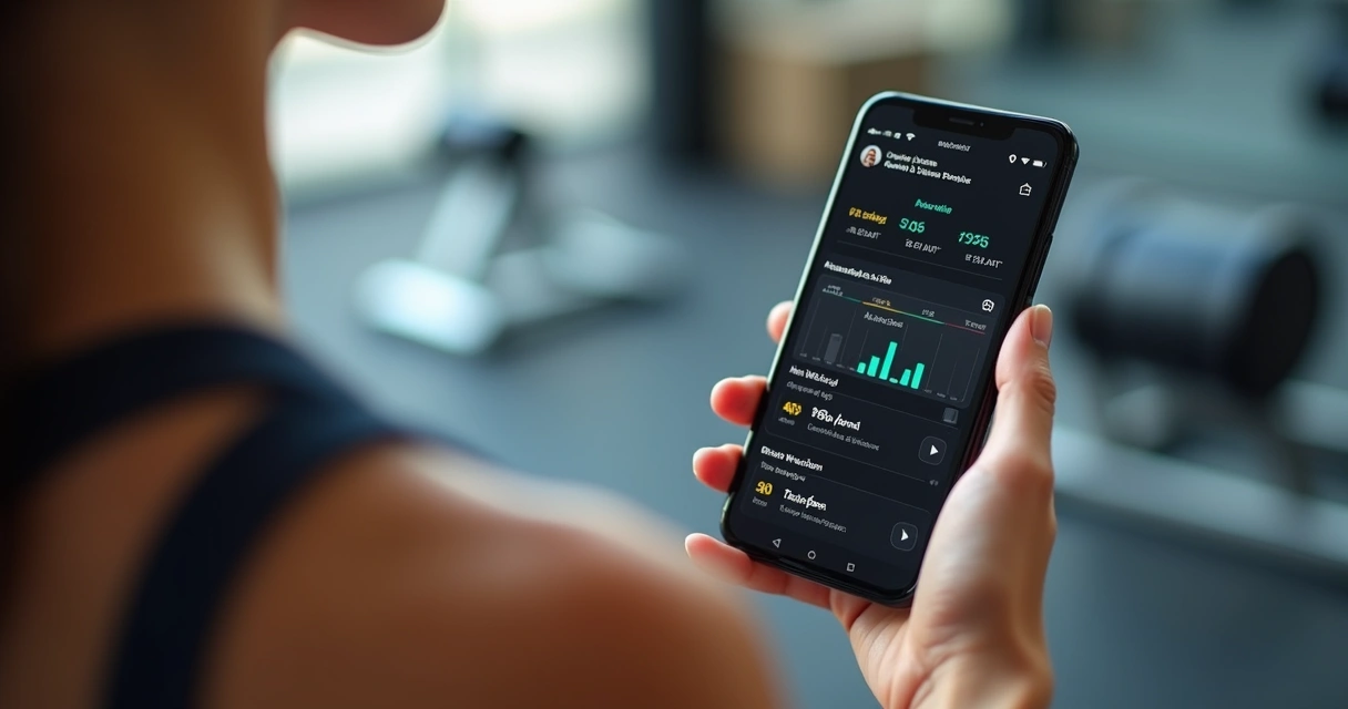 Mão feminina segurando celular com app de treino mostrando evolução semanal 