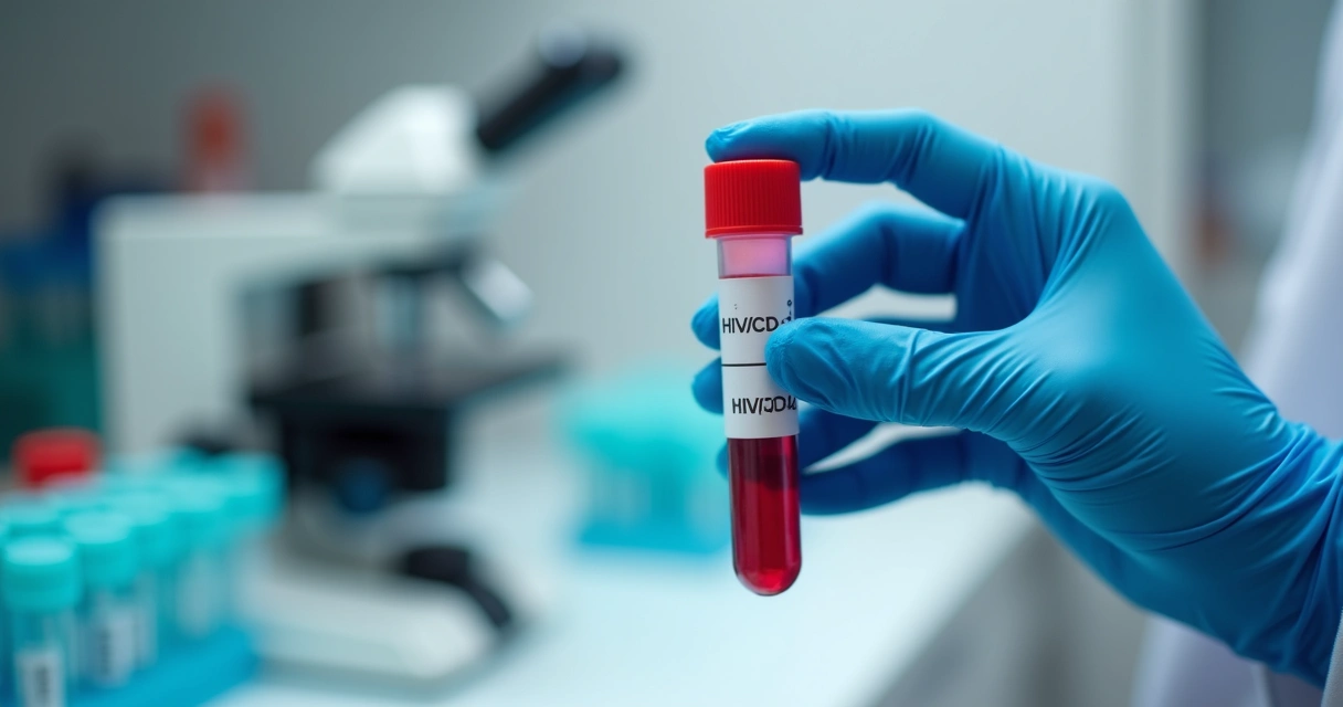 Exame de sangue sendo analisado por laboratório para HIV e CD4.