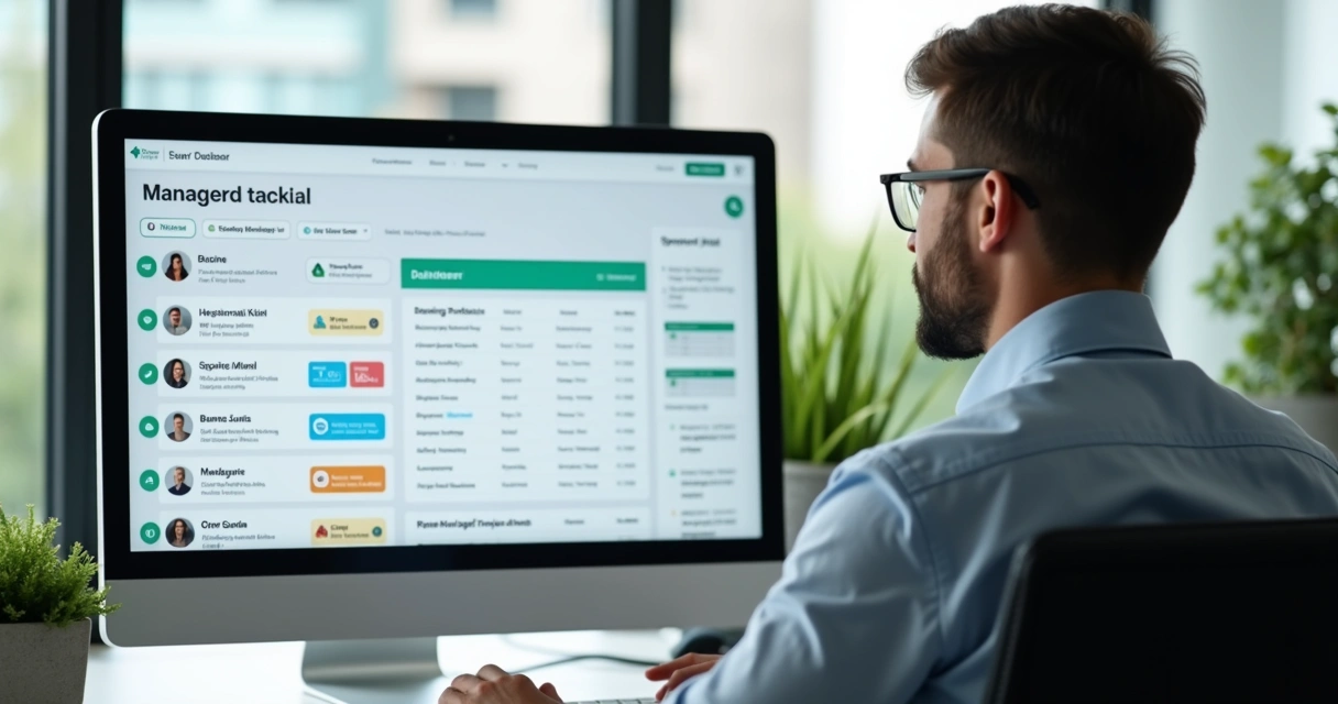 Síndico usando dashboard digital para monitorar execução de tarefas em condomínio 