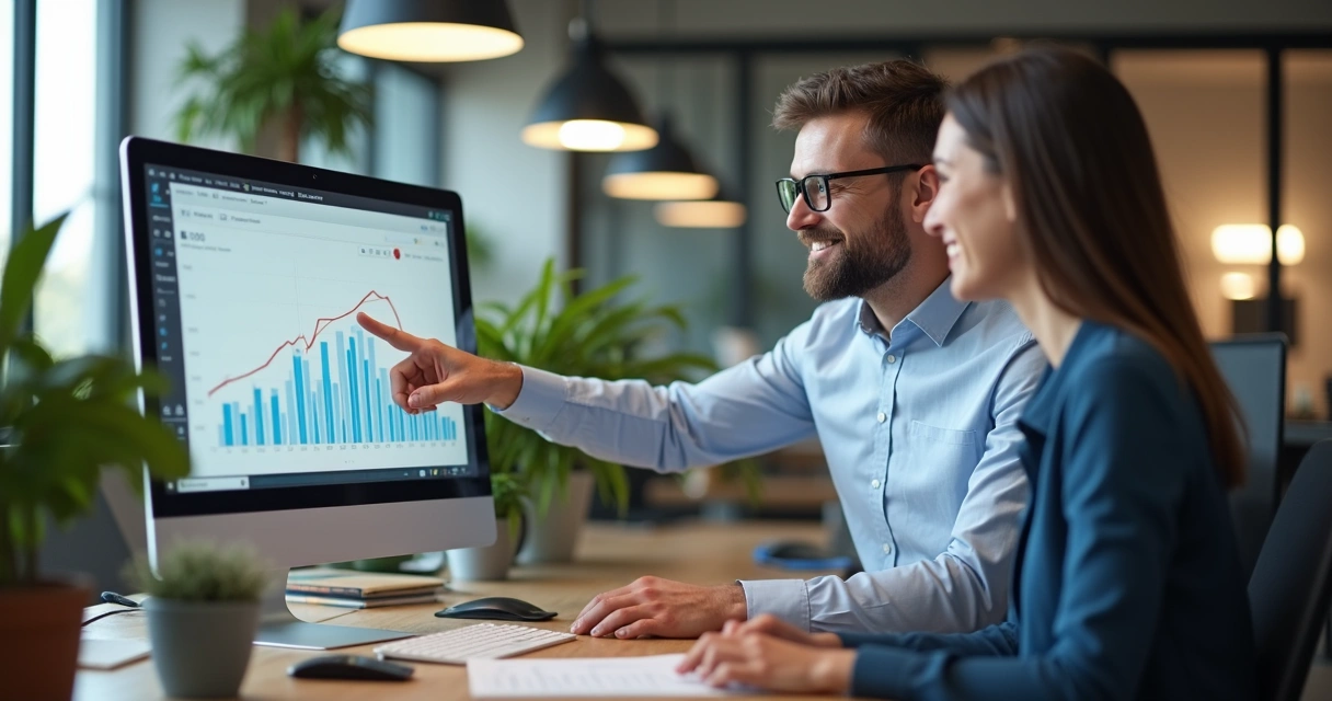 Gestora acompanhando profissional após feedback, olhando juntos para um computador com gráfico de progresso 