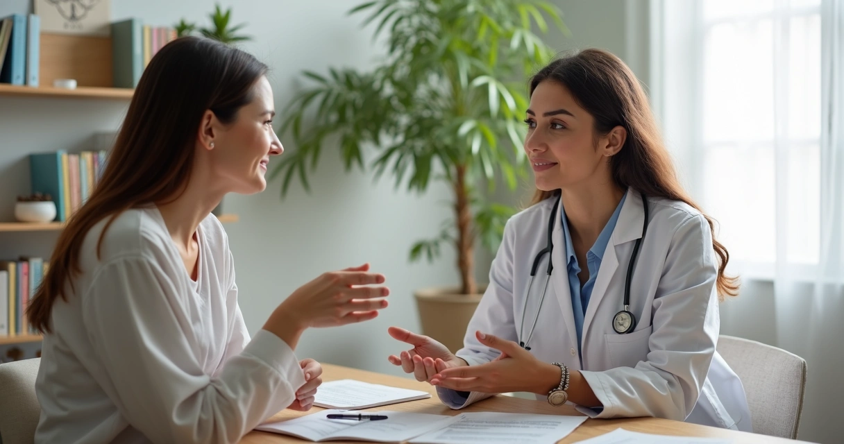 Profissional de saúde conversando com casal em clínica de fertilidade. 