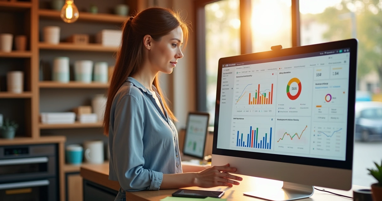 Gestora analisando dados digitais de vendas na loja 