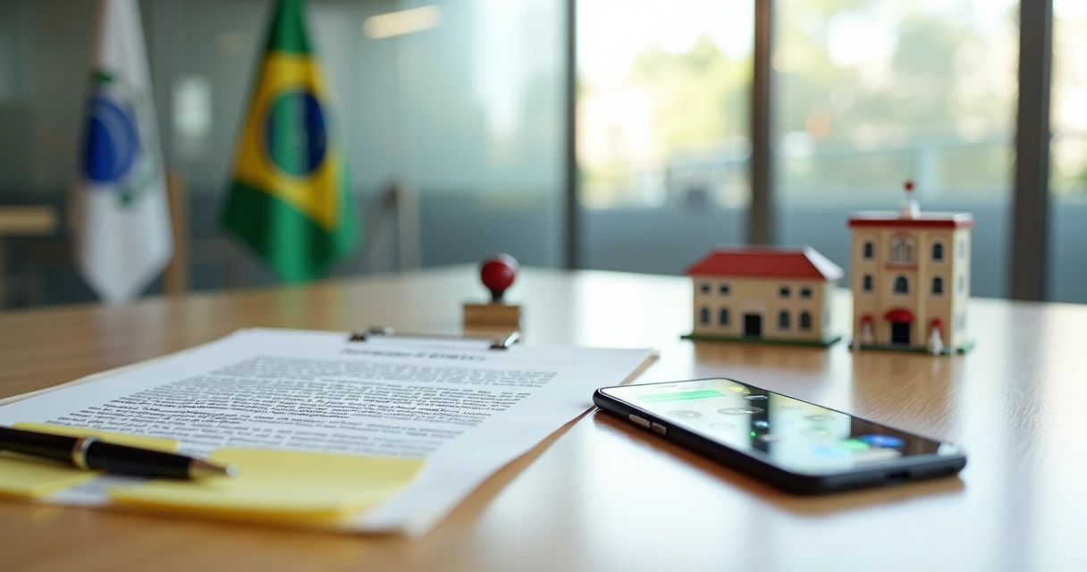 Mesa de licitação com contrato, carimbo e celular com conversas de WhatsApp ao lado de miniaturas de prédios públicos 