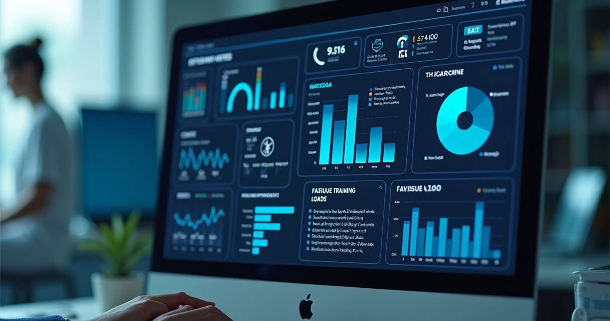 Painel do nutricionista com gráficos de evolução física e fadiga, registros de treino e marcadores clínicos 