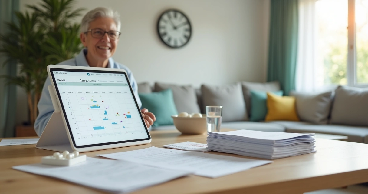 Paciente com leucemia em acompanhamento de longo prazo analisando cronograma de exames e consultas 