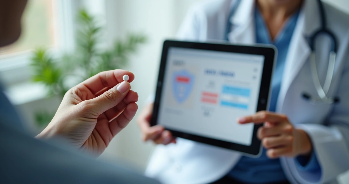 Pessoa segurando comprimido e médico mostrando resultados de exame de HIV 