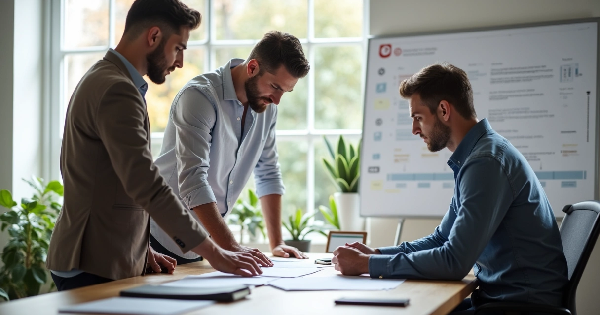 Equipe revisando trabalho durante checkpoint de projeto 