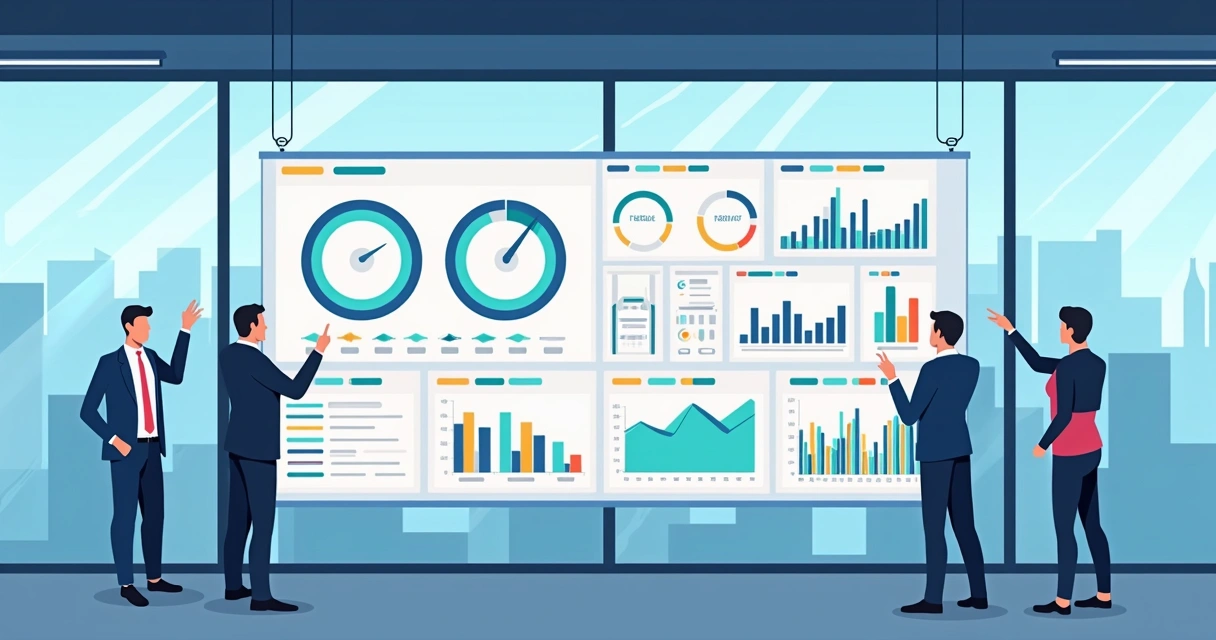 Painel visual com indicadores e status de metas corporativas