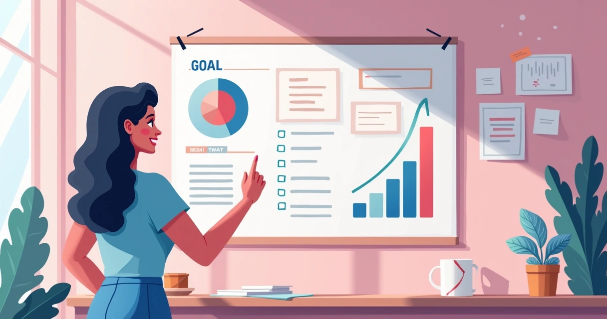 Quadro de metas semanal com checklists e gráficos, em ambiente de estúdio de beleza iluminado 