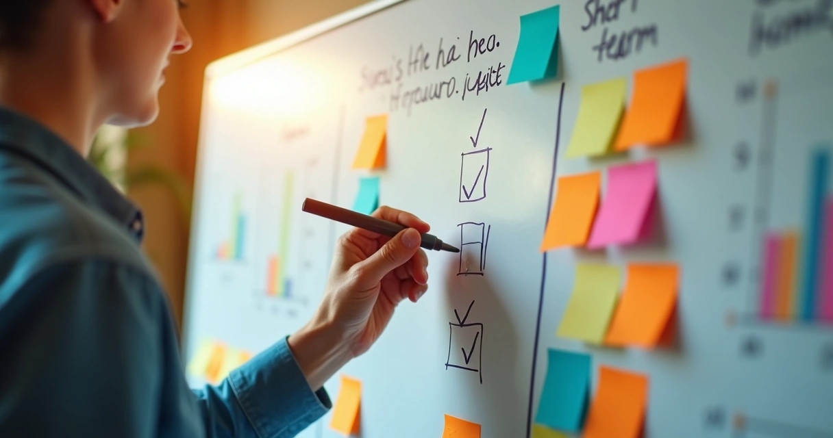 Pessoa anotando progresso de metas em painel visual 