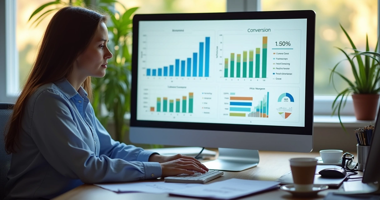 Pessoa analisa relatório de conversão de leads em vendas no computador 