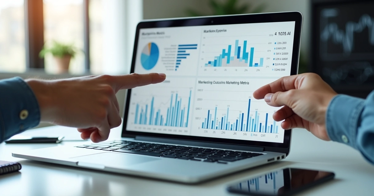 Dashboard de métricas de marketing em notebook com mãos apontando dados 