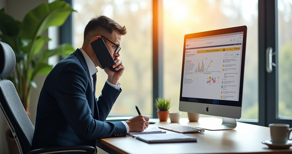 Vendedor falando ao telefone e fazendo anotações em frente ao computador 