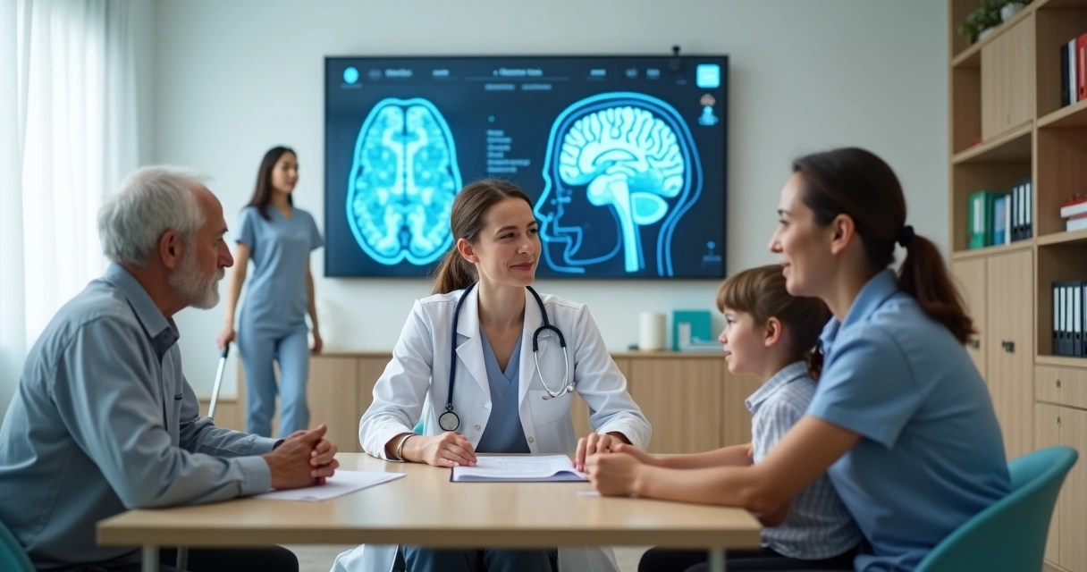 Médica neurologista atendendo família com criança, adulto e idoso em consultório moderno 