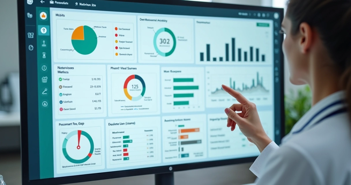 Nutricionista avaliando gráficos e informações de evolução clínica em tela digital