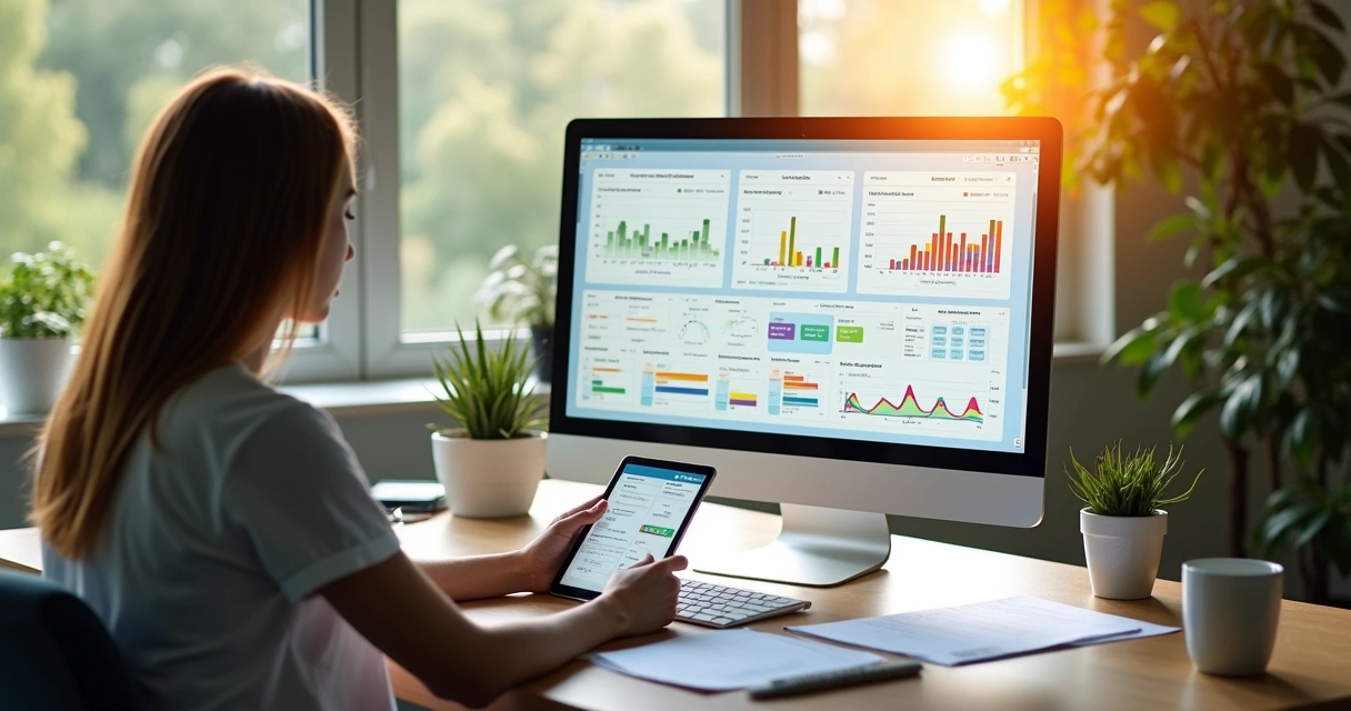 Tela de computador com gráficos de evolução nutricional em ambiente de consultório moderno 