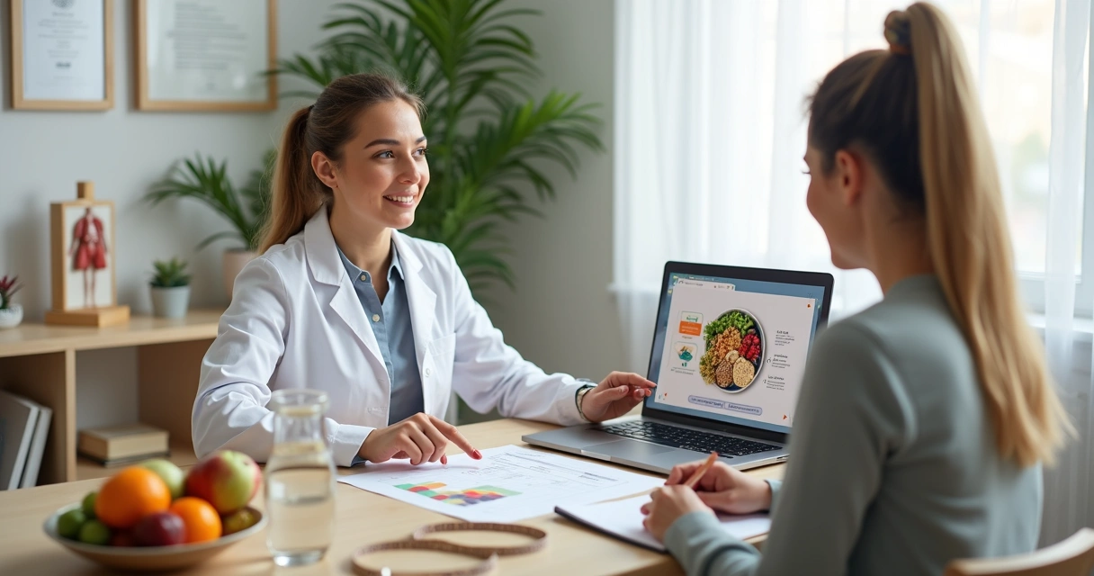 Nutricionista orientando paciente sobre plano alimentar para emagrecimento saudável 