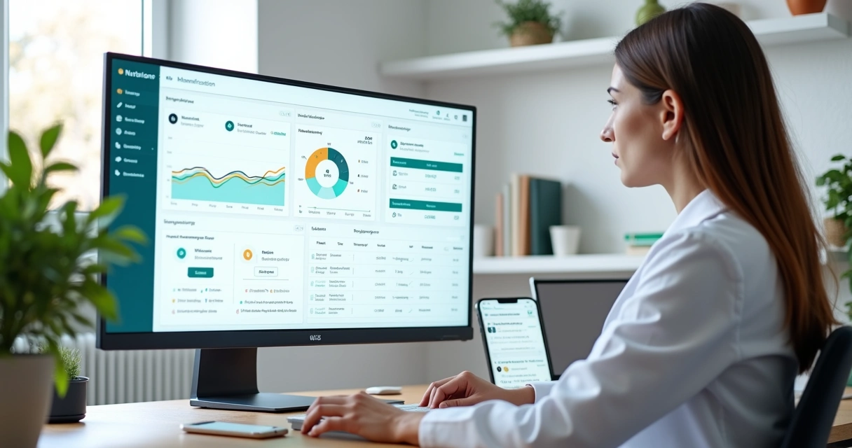 Nutricionista analisando painel digital de acompanhamento nutricional online com gráficos e dados clínicos 