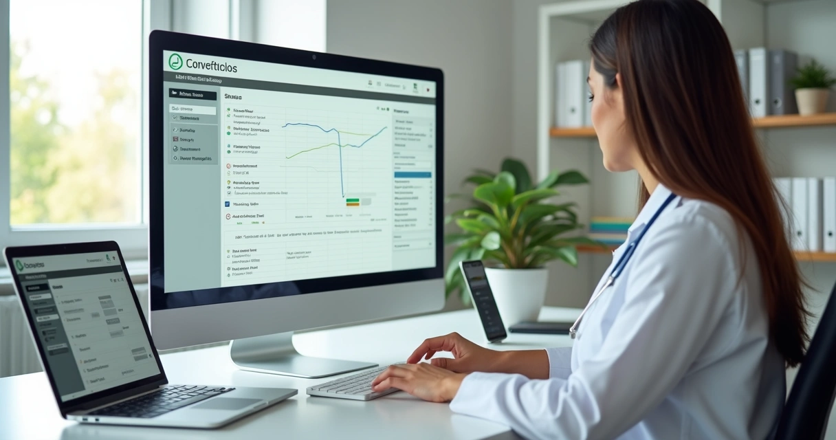 Nutricionista analisando painel digital de acompanhamento contínuo de pacientes 