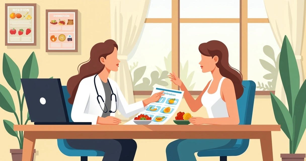 Nutricionista orientando paciente após bariátrica, analisando cardápio 