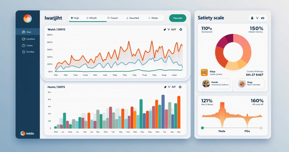 Painel digital com gráficos de evolução corporal, adesão alimentar e escala de saciedade 
