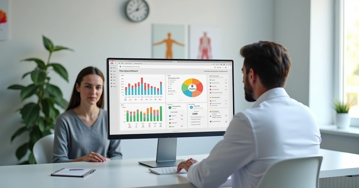 Nutricionista analisando painel digital de acompanhamento nutricional com paciente 