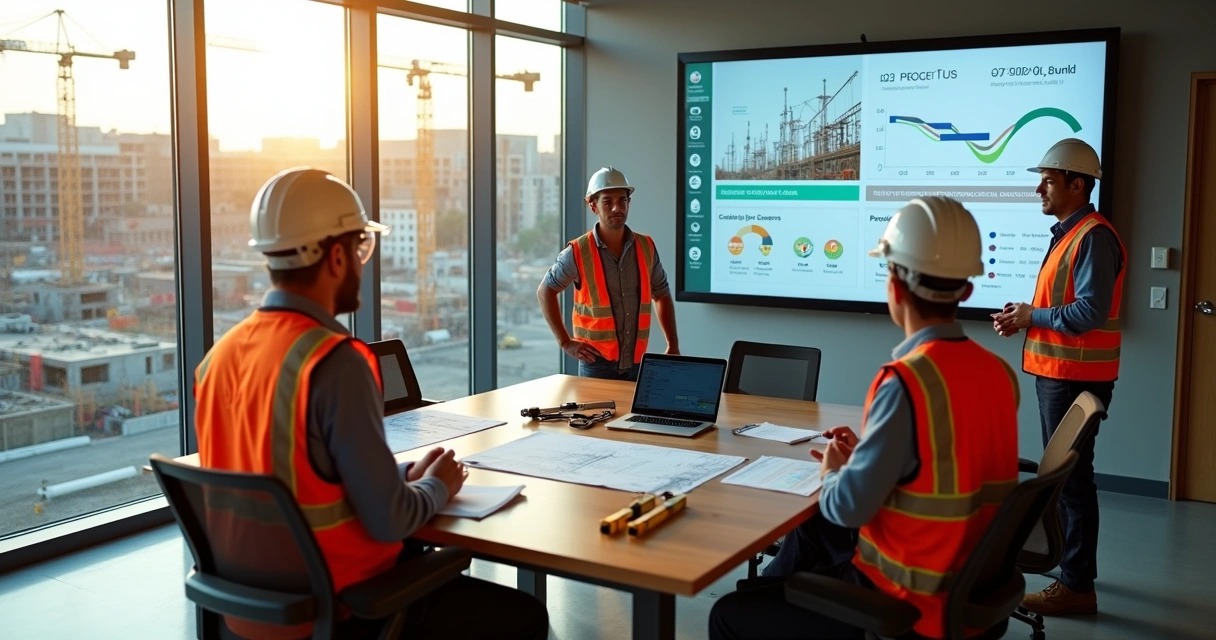 Equipe acompanhando obra com painel digital e vista do canteiro ao fundo 