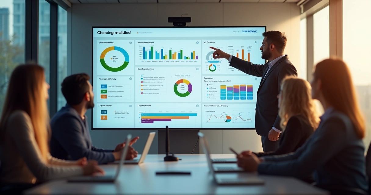 Gestor mostra painel de metas na tela interativa, equipe observa resultados visuais.
