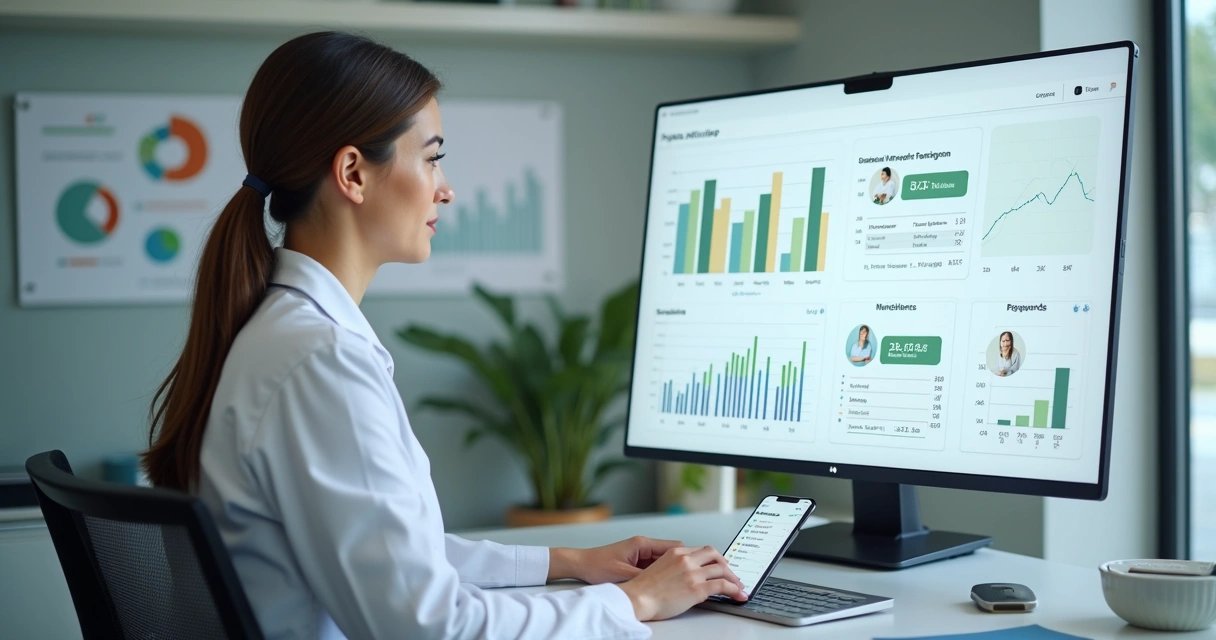 Profissional de saúde usando computador para acompanhar evolução do paciente em gráficos 
