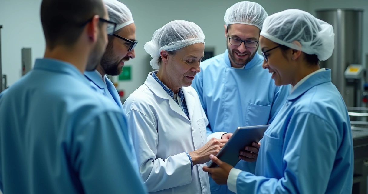 Grupo de profissionais de alimentos analisando um checklist digital em fábrica.