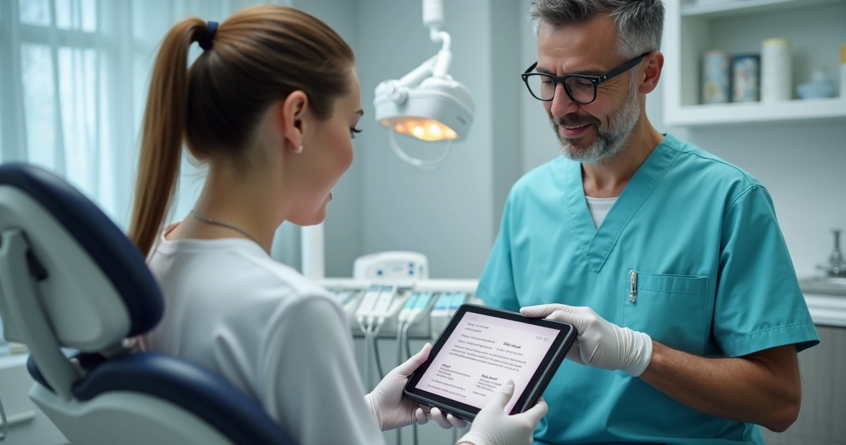 Dentista explica orientações usando tablet para paciente em consultório 