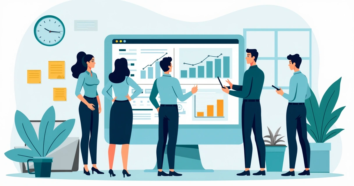 Gestor analisando dados com equipe no computador após implantação de ferramenta 