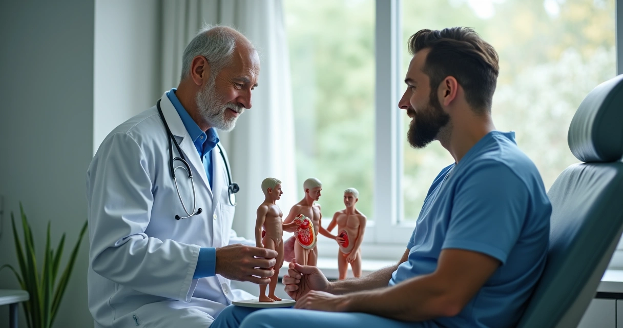 Médico acompanhando paciente no pós-operatório peniano