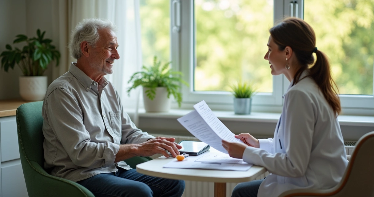 Paciente em recuperação conversando com oncologista durante consulta de acompanhamento 