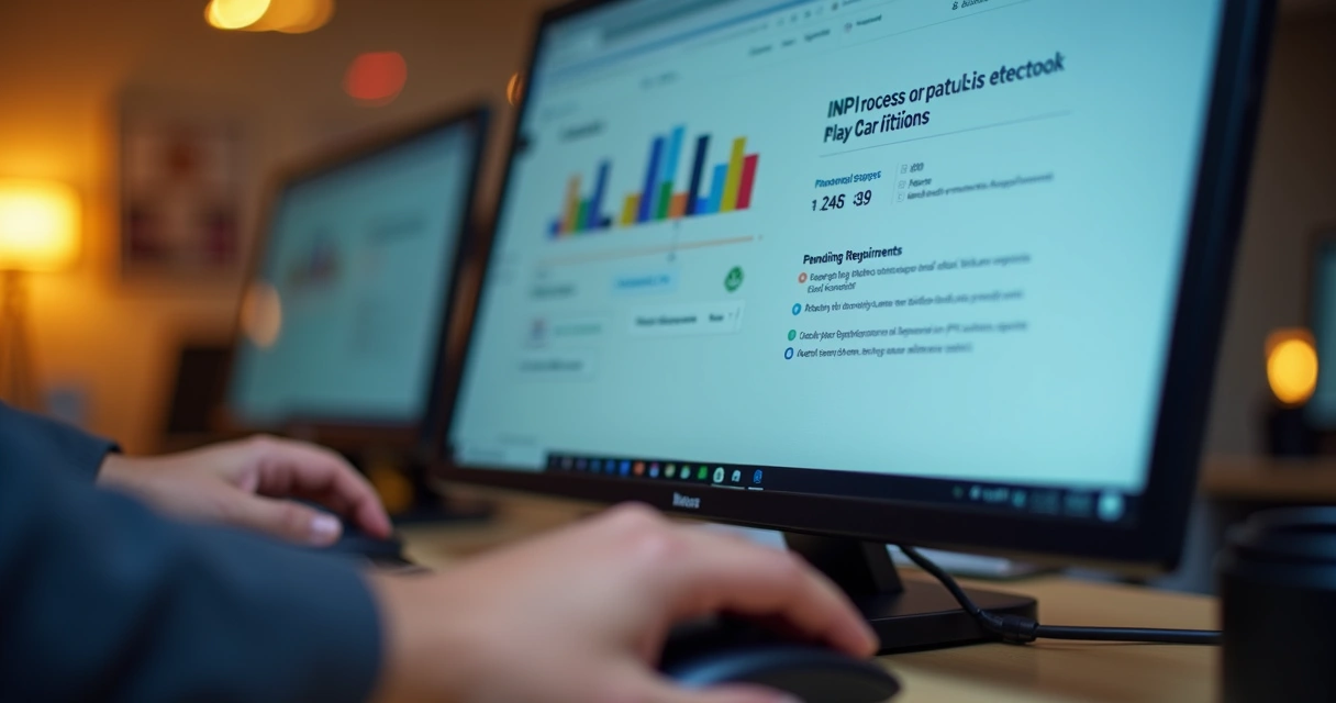 Tela de computador com site do INPI aberto mostrando status de processo de marca 