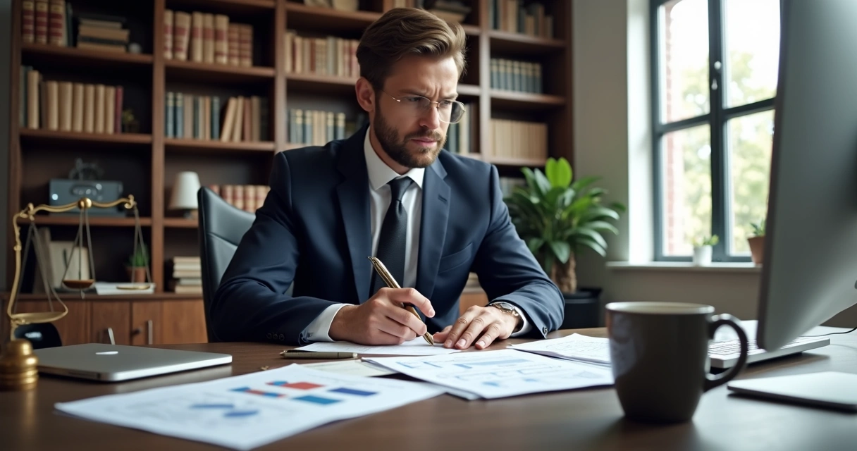 Advogado analisando documentos jurídicos em escritório moderno 