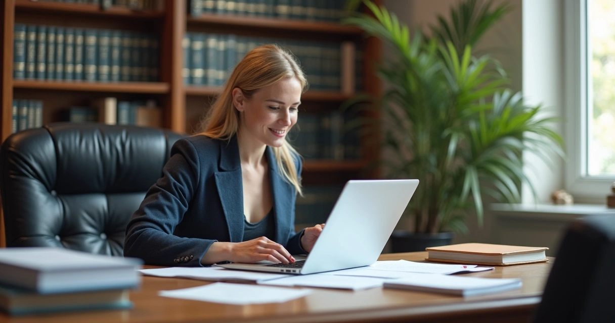 Advogado analisando processo em notebook com documentos jurídicos ao lado. 