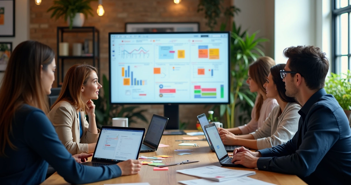 Reunião de acompanhamento de projeto digital com tela exibindo cronograma 