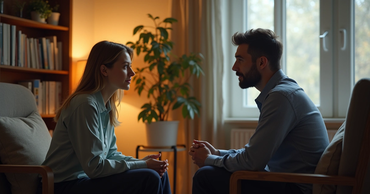 Terapeuta e paciente conversando em sala confortável 