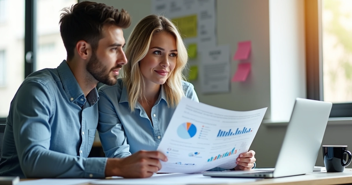 Duas pessoas analisando relatório em papel com gráficos e dados 