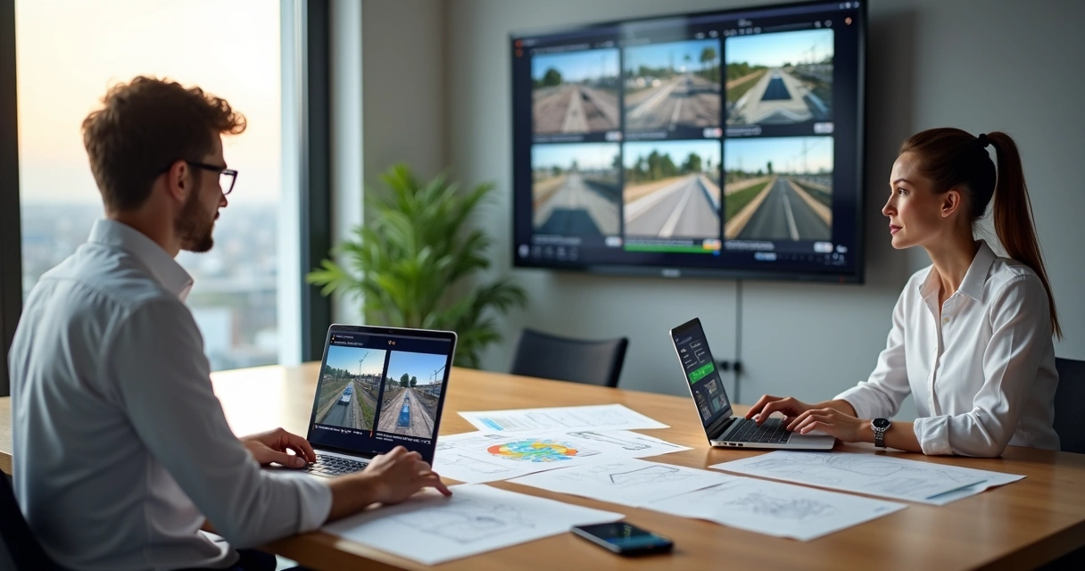 Engenheiros monitorando obras remotamente em notebooks