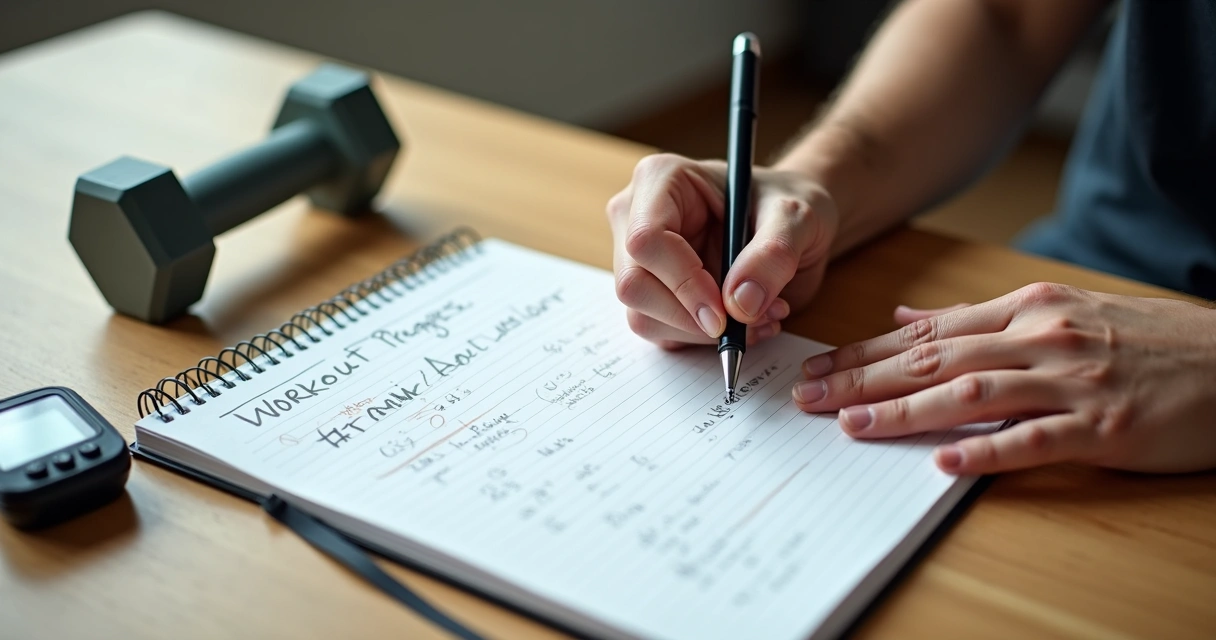 Mão escrevendo progresso de treino de musculação em caderno na mesa
