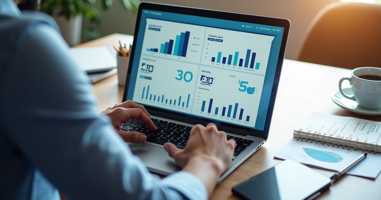 Profissional acompanhando resultados comerciais em notebook com gráficos 