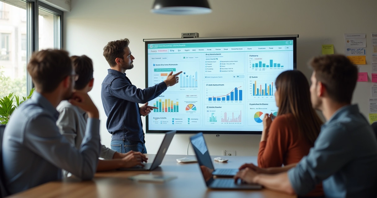 Equipe avaliando resultados em painel digital 